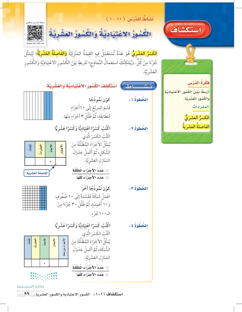 استكشاف الكسور الاعتيادية والكسور العشرية الرياضيات 3 رابع ابتدائي