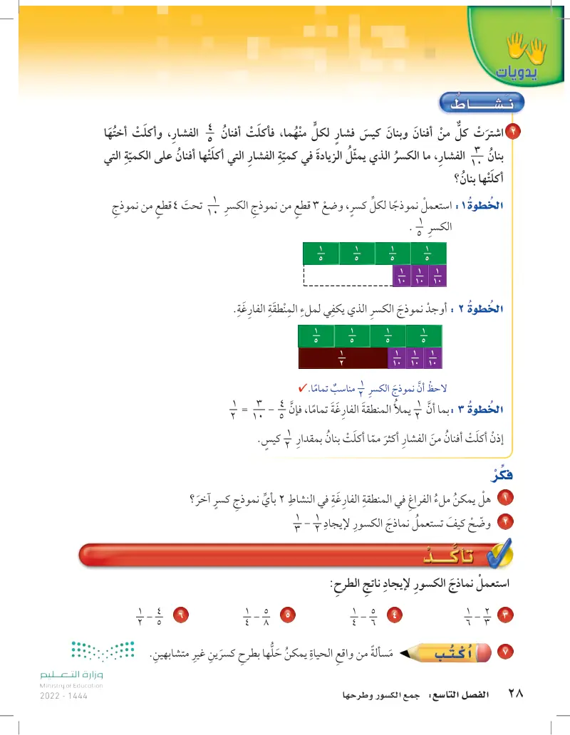 9-4 استكشاف طرح الكسور غير المتشابهة