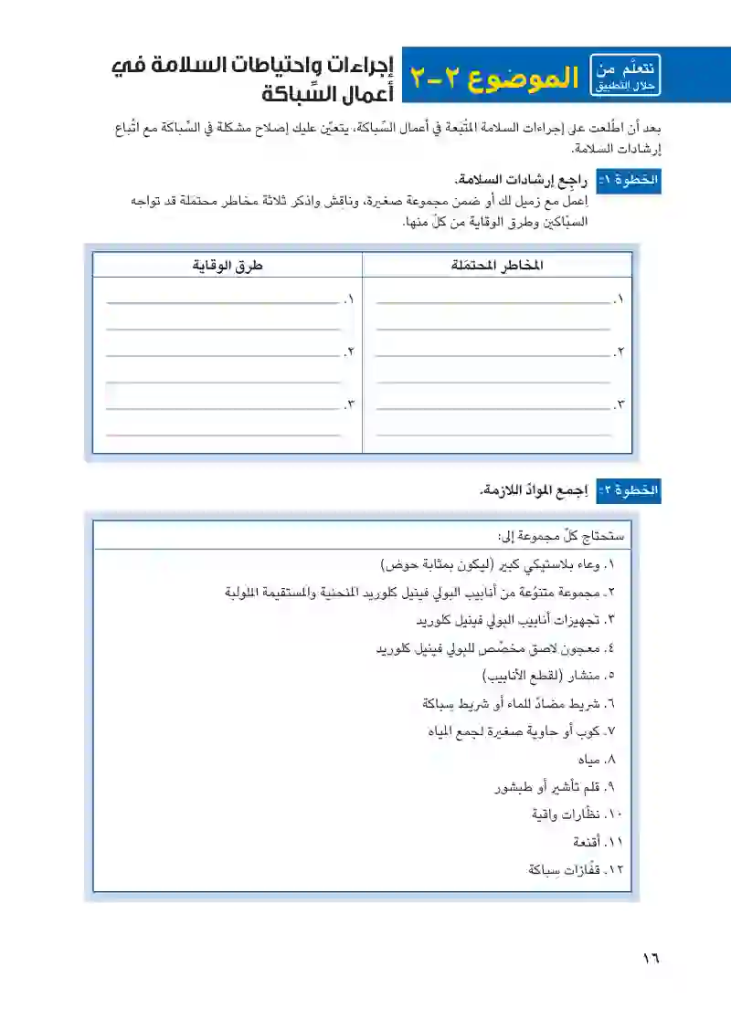 الموضوع ۲-۱: إجراءات واحتياطات السلامة في أعمال السباكة