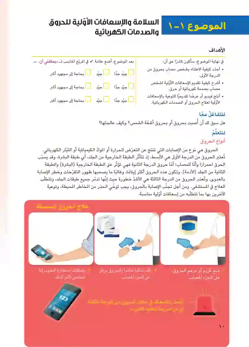 الموضوع ۱-۱: السلامة والإسعافات الأولية للحروق والصدمات الكهربائية