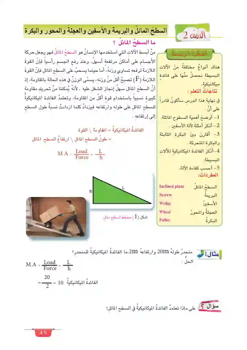 الدرس الثاني: السطح المائل والبريمة والاسفين والعجلة والمحور والبكرة