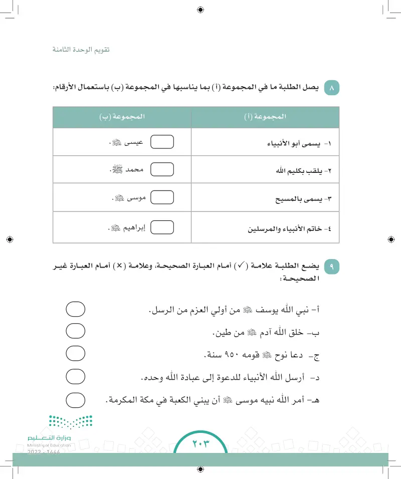 تقويم الوحدة الثامنة