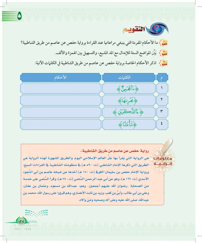 الدرس الخامس: أحكام مفردة في رواية حفص عن عاصم من طريق الشاطبية عند التلاوة 1