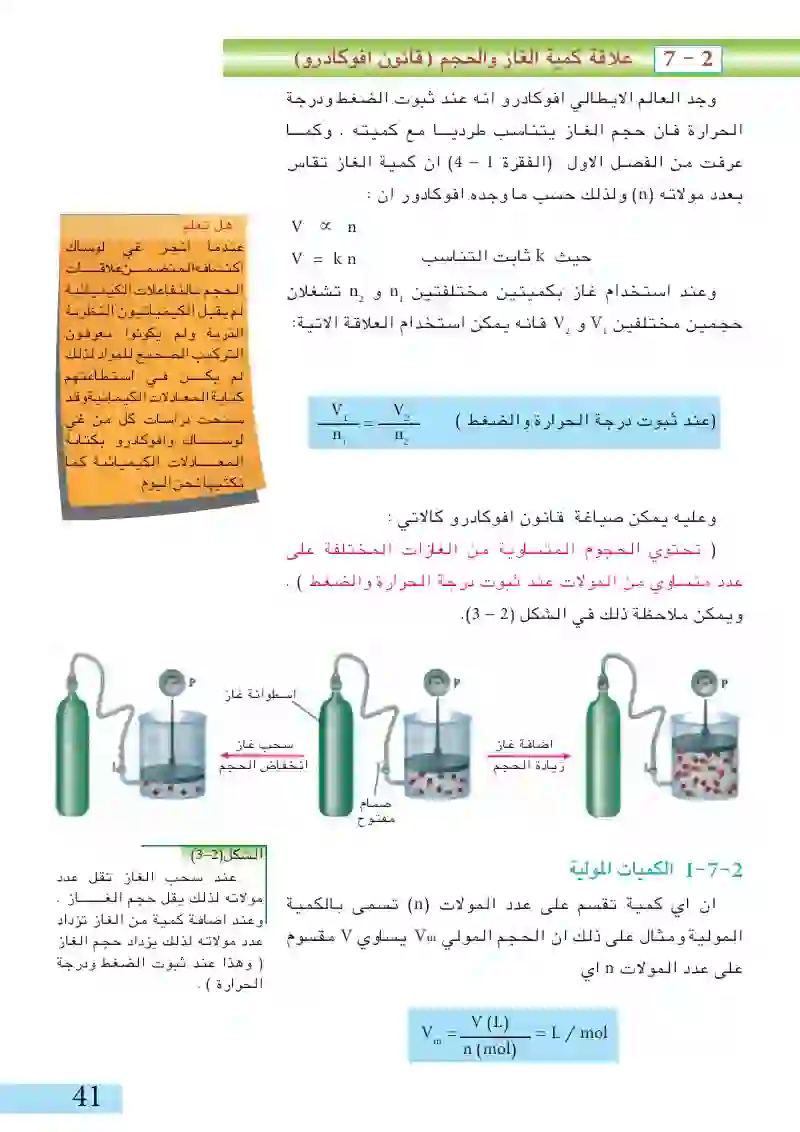 7-2: علاقة كمية الغاز والحجم (قانون أفوكادور)