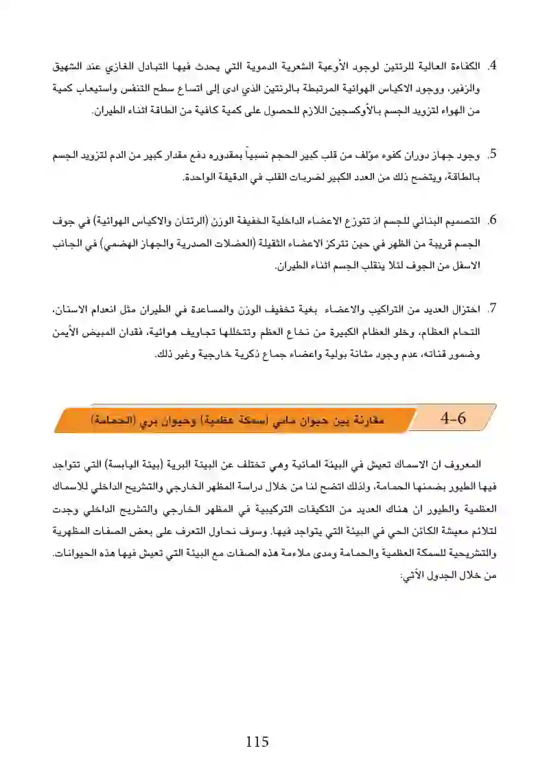 6-4: مقارنة بين حيوان مائي (سمكة عظمية) وحيوان بري (الحمامة)