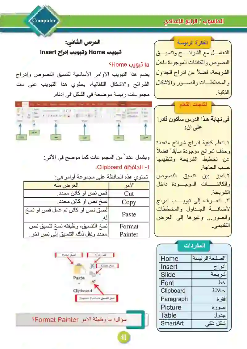 الدرس الثاني: تبويب الصفحة الرئيسية Home  وتبويب إدراج  Insert