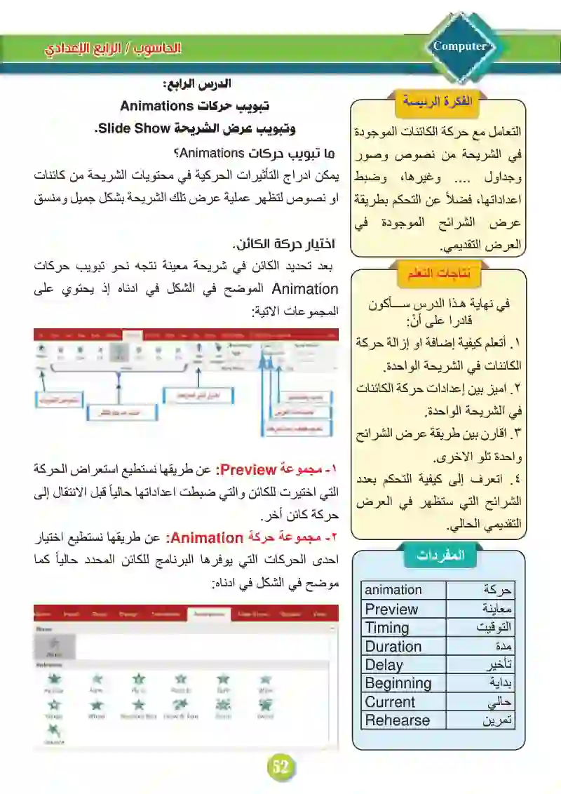 الدرس الرابع: تبويب حركات Animatlons وتبويب عرض الشريحة  Sllde Show