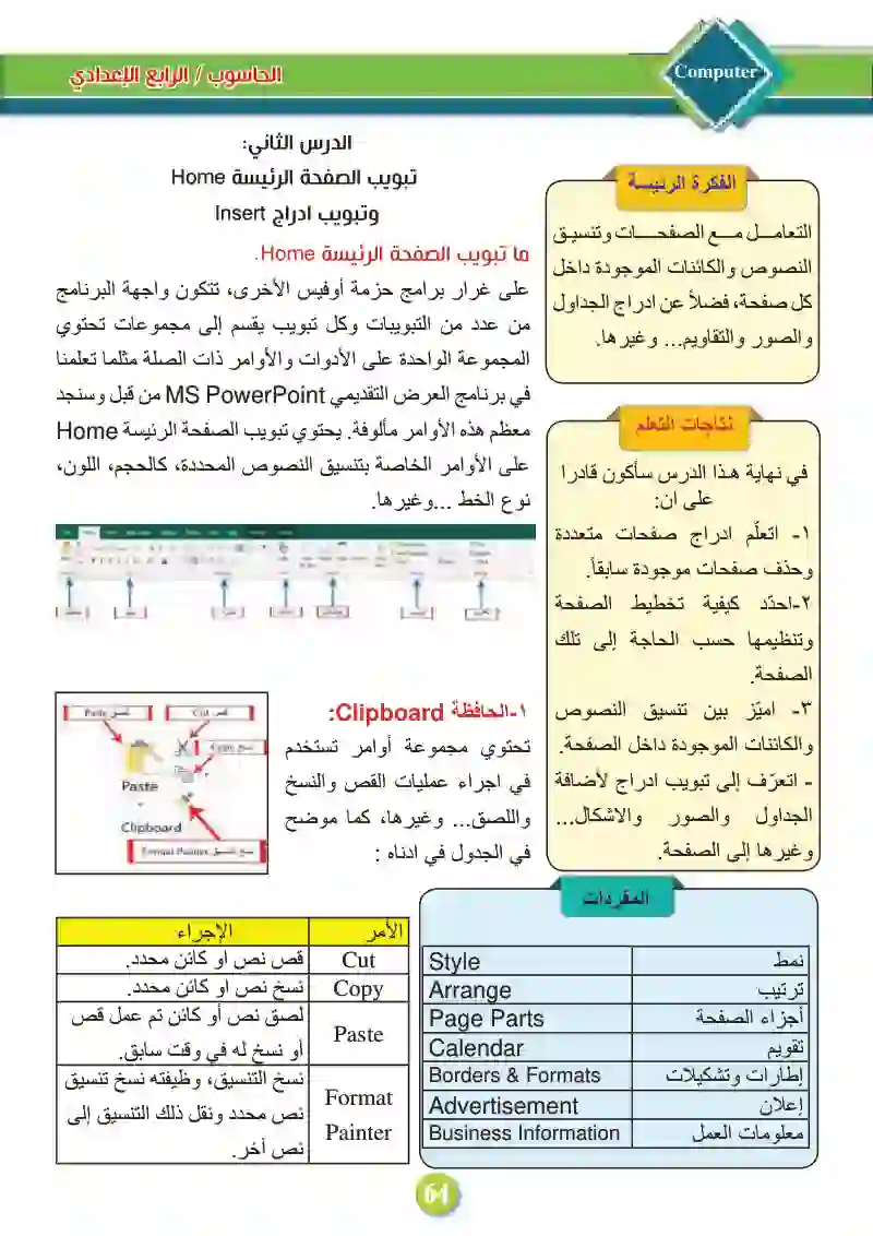 الدرس الثاني: تبويب الصفحة الرئيسية Home وتبويب إدراج Insert