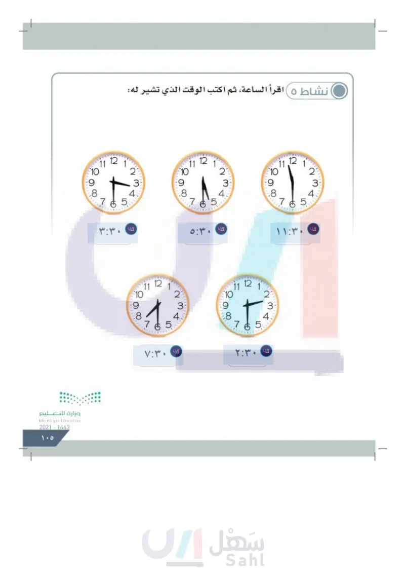 الدرس الرابع: الوقت الذي تشير إليه الساعة (النصف ساعة)