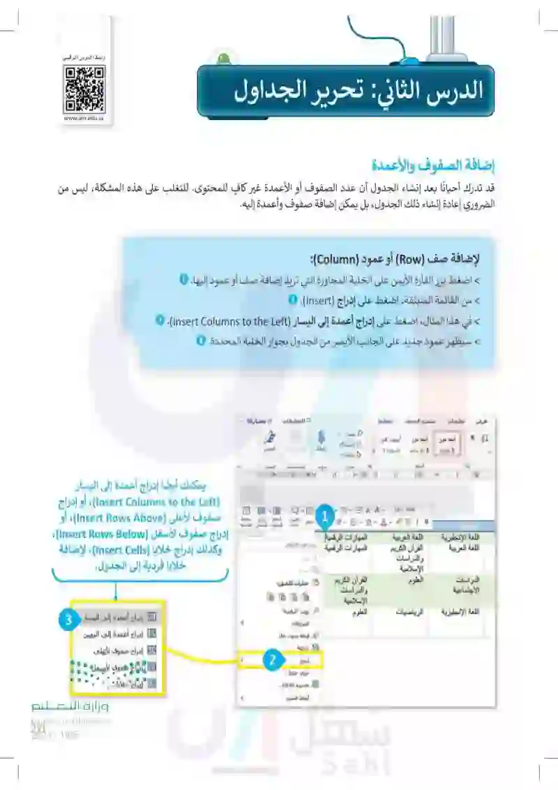 الدرس الثاني: تحرير الجداول