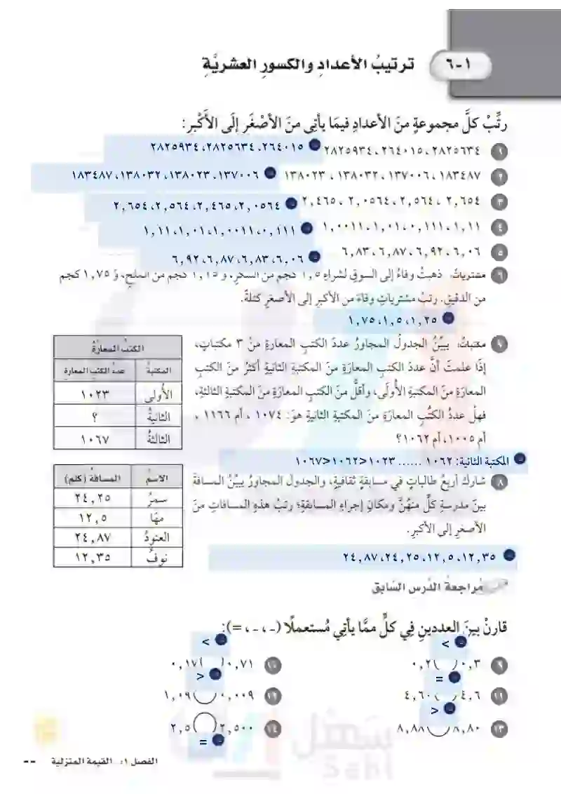 6-1ترتيب الأعداد والكسور العشرية