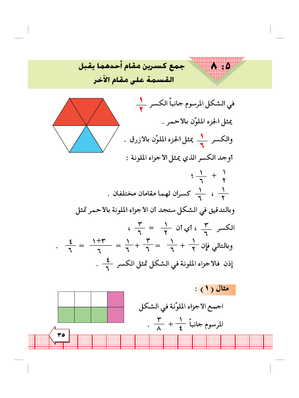 5:8 جمع كسرين مقام احدهما يقبل القسمة على مقام الاخر