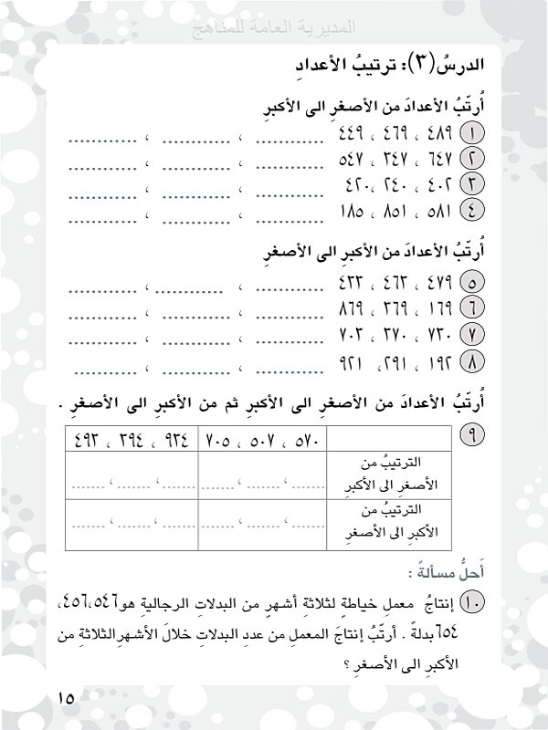 ( رتبي الأعداد من الأصغر الى الأكبر )